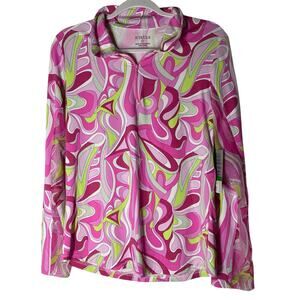 ICIKULS Women’s Abstract Swirl Print Top Long Sleeve Zip Neck Retro Medium NWT